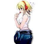  beats_by_dr._dre blonde_hair candy clothes_around_waist food headphones highres koharu_turbo listening_to_music lollipop red_eyes sherika short_hair solo tank_top versus_earth 