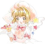  :d blush bow brown_hair cardcaptor_sakura fuuin_no_tsue glove_bow gloves green_eyes hand_on_own_head hat kinomoto_sakura looking_at_viewer magical_girl neck_ribbon nitako open_mouth puffy_short_sleeves puffy_sleeves ribbon short_hair short_sleeves smile solo star wand white_background white_gloves wings 