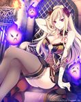  arm_behind_head blonde_hair breasts cleavage copyright_name crossed_legs flower hair_flower hair_ornament huge_breasts jonejung lace lace-trimmed_thighhighs long_hair pointy_ears purple_eyes sitting solo tenkuu_no_crystalia thighhighs 
