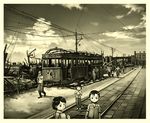  6+boys bicycle building child city cloud commentary ground_vehicle hat hino_katsuhiko long_hair looking_at_viewer monochrome multiple_boys multiple_girls original overhead_line power_lines road rubble short_hair sky street streetcar telephone_pole tokyo_(city) walking war world_war_ii 