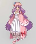  1girl bespectacled bow bowtie breasts cleavage dress glasses hat long_hair open_mouth patchouli_knowledge purple_eyes purple_hair shoes simple_background solo touhou very_long_hair wengcang_hefeng white_legwear 