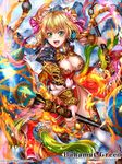  bahamut_greed blonde_hair braid breasts cleavage copyright_name crotalaria fangs green_eyes large_breasts long_hair original solo thighhighs 