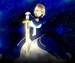  ahoge armor armored_dress artoria_pendragon_(all) bad_id bad_pixiv_id blonde_hair dress excalibur fate/stay_night fate_(series) green_eyes hand_on_hilt highres planted_sword planted_weapon saber solo suzi126 sword weapon 