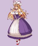  1girl alternate_costume bare_shoulders bespectacled blonde_hair breasts choker cleavage dress fan frills full_body glasses hair_ribbon hat high_heels long_hair looking_at_viewer red_eyes ribbon shoes simple_background smile solo touhou wengcang_hefeng white_legwear wrist_cuffs yakumo_yukari 