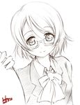  blazer bow dated glasses highres jacket kem_kem koizumi_hanayo looking_at_viewer love_live! love_live!_school_idol_project monochrome simple_background smile solo white_background 