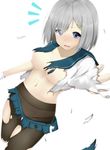  absurdres blue_eyes blush breasts gloves hair_ornament hair_over_one_eye hairclip hamakaze_(kantai_collection) highres kantai_collection large_breasts navel panties panties_under_pantyhose pantyhose school_uniform serafuku short_hair silver_hair solo torn_clothes torn_legwear underwear yuushin 