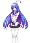  ahoge april_fools bad_id bad_pixiv_id banned_artist blue_eyes blue_hair breasts hairband highres huge_ahoge long_hair medium_breasts orie_(under_night_in-birth) pleated_skirt school_uniform serafuku skirt solo thighhighs under_night_in-birth v_arms white_background white_legwear yusano 