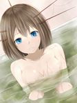  bath blue_eyes breasts brown_hair hair_ornament highres kantai_collection maya_(kantai_collection) medium_breasts nude partially_submerged short_hair solo yuushin 