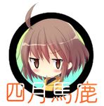  ahoge april_fools bad_id bad_pixiv_id banned_artist blush_stickers brown_eyes brown_hair chibi hood hoodie linne lowres short_hair solo translated under_night_in-birth yusano 