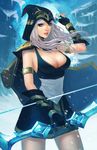  1girl armlet arrow ashe_(league_of_legends) bow_(weapon) breasts cleavage elbow_gloves fingerless_gloves gloves highres league_of_legends long_hair looking_at_viewer louten parted_lips snow strap_gap weapon white_hair 