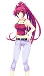  april_fools bad_id bad_pixiv_id banned_artist breasts capri_pants cleavage crop_top denim hair_intakes hair_ribbon hand_on_hip highres jeans large_breasts long_hair midriff navel open_fly pants ponytail purple_hair red_eyes ribbon shirt smile solo spaghetti_strap tank_top taut_clothes taut_shirt under_night_in-birth unzipped very_long_hair white_background yusano yuzuriha_(under_night_in-birth) 