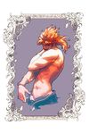  abs blonde_hair border dio_brando hakumai_(sse1331) jojo_no_kimyou_na_bouken leaf licking_lips looking_at_viewer male_focus mullet muscle plant shirtless solo tongue tongue_out vines wrist_cuffs 