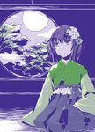  full_moon green_eyes hieda_no_akyuu kikuichi_monji monochrome moon short_hair sitting skirt sleeves_past_wrists solo spot_color touhou 