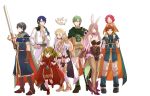  4boys 4girls animal_ears armor bird blonde_hair blue_hair blue_headband boots bracelet braid breasts brown_gloves bunny_ears camilla_(fire_emblem_if) cape carrying chiki choker cleavage cloak closed_mouth crown_braid dress ephraim eyes_closed fa facial_mark fake_animal_ears falchion_(fire_emblem) feh_(fire_emblem_heroes) fingerless_gloves fire_emblem fire_emblem:_fuuin_no_tsurugi fire_emblem:_monshou_no_nazo fire_emblem:_seima_no_kouseki fire_emblem:_seisen_no_keifu fire_emblem_heroes fire_emblem_if forehead_mark frilled_choker frills from_side gloves green_eyes green_hair hair_over_one_eye hair_ribbon head_wreath high_heels holding holding_sword holding_weapon jewelry knee_boots leotard long_hair long_sleeves mamkute marth medium_breasts multiple_boys multiple_girls nintendo open_mouth ouzisamafe owl pants pantyhose pink_dress pointy_ears ponytail purple_eyes purple_hair red_hair ribbon roy_(fire_emblem) sharena short_dress short_hair short_sleeves shoulder_carry sigurd_(fire_emblem) simple_background skirt stone sword tiara weapon white_background 