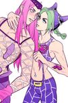  1girl blue_hair double_bun ginmu green_hair hat jojo_no_kimyou_na_bouken kuujou_jolyne long_hair multicolored_hair narciso_anasui pink_hair two-tone_hair 