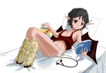  bed black_hair book chips_(food) eating female flat_chested food hair holding_book holding_object hooves humanoid lying nipple_slip nipples pillow pointy_ears potato_chips reading solo spade_tail tailwag wings 黑泽 