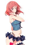  bangle black_panties blush bracelet clearite hand_on_own_cheek hand_on_own_stomach heart_tattoo highres jewelry leg_garter love_live! love_live!_school_idol_project midriff navel nishikino_maki panties polka_dot_skirt purple_eyes red_hair short_hair side-tie_panties simple_background skirt smile solo string_panties tattoo underwear white_background 