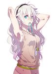  adjusting_hair aqua_eyes armpits arms_up benghuai_xueyuan between_breasts breasts cellphone cici hairband kiana_kaslana long_hair looking_at_viewer mouth_hold panties phone pink_panties silver_hair skirt sleeveless solo tank_top underwear white_background 