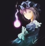  :o arm_garter arufa_(hourai-sugar) fire fireball flame hitodama looking_at_viewer looking_back purple_fire purple_hair ribbon-trimmed_collar ribbon_trim saigyouji_yuyuko solo touhou turning_head yellow_eyes 