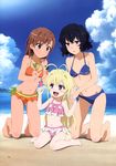  :d absurdres antenna_hair barefoot beach bikini black_hair blonde_hair brown_eyes brown_hair cloud day febrie feet finger_puppet highres holding_hands kneeling legs long_hair misaka_mikoto multiple_girls navel nunotaba_shinobu ocean official_art open_mouth outdoors puppet purple_eyes scan short_hair sky smile swimsuit tanaka_yuuichi to_aru_kagaku_no_railgun to_aru_majutsu_no_index water 