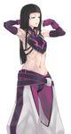  alternate_hairstyle armpits black_hair detached_sleeves flat_chest gloves hair_down halter_top halterneck han_juri jack_hamster long_hair midriff navel pants purple_eyes simple_background solo street_fighter street_fighter_iv_(series) white_background 