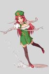  1girl alternate_costume balancing bandage braid breasts china_dress chinese_clothes cleavage cleavage_cutout dress full_body hair_ribbon hat hong_meiling large_breasts long_hair open_mouth outstreched_arms outstretched_arms red_eyes red_hair ribbon shoes simple_background smile solo star thighhighs touhou twin_braids wengcang_hefeng 