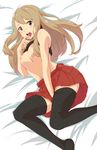  bare_shoulders blush breasts brown_hair egooo finger_to_mouth highres long_hair looking_at_viewer medium_breasts nipples open_mouth pokemon pokemon_(game) pokemon_xy serena_(pokemon) skirt solo thighhighs topless 