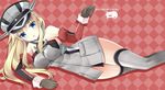  bismarck_(kantai_collection) blonde_hair blue_eyes blush breasts brown_gloves detached_sleeves gloves grey_legwear hat kantai_collection large_breasts long_hair looking_at_viewer military military_hat military_uniform peaked_cap sakura_hanatsumi solo thighhighs uniform 