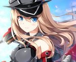  bismarck_(kantai_collection) blonde_hair blue_eyes breasts downscaled hat iron_cross kantai_collection long_hair md5_mismatch medium_breasts military military_hat military_uniform resized rin_yuu solo uniform 