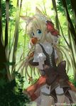  animal_ears apple basket blonde_hair blue_eyes carrying cat_ears food from_behind fruit highres holding long_hair looking_at_viewer looking_back nana_kusun open_mouth original shade solo tree 