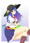  bad_id bad_pixiv_id blue_hair boots food fruit hat highres hinanawi_tenshi long_hair peach red_eyes solo thighs touhou x&amp;x&amp;x 