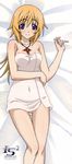  absurdres ass_visible_through_thighs bed_sheet blonde_hair blush breasts charlotte_dunois cleavage covered_navel dakimakura highres infinite_stratos jewelry logo long_hair long_legs lying medium_breasts naked_towel necklace official_art on_back purple_eyes shiny shiny_skin smile solo towel 