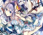  barefoot blue_eyes coat crescent dress hat long_hair looking_at_viewer open_clothes open_coat patchouli_knowledge purple_hair saden_(magumo) smile solo striped striped_dress touhou very_long_hair white_dress wide_sleeves 