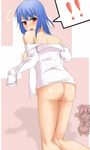  !! /\/\/\ 1girl ass bare_shoulders beige_background bottomless breasts cube_(circussion) from_behind kneepits large_breasts looking_back nagae_iku naked_shirt no_pants off-shoulder_sweater shade shirt simple_background solo spoken_exclamation_mark sweater touhou white_shirt 