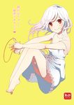  bad_id bad_pixiv_id barefoot dress gorgon highres koimonogatari living_hair long_hair long_legs looking_at_viewer monogatari_(series) red_eyes red_string samidarekyou sengoku_nadeko sitting smile snake_hair solo strap_slip string translation_request white_dress white_hair yellow_background 