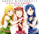  :d ;d ^_^ amami_haruka blonde_hair blue_hair brown_hair check_my_note choker closed_eyes costume girl_sandwich green_eyes hand_on_another's_shoulder happy_birthday hoshii_miki idolmaster idolmaster_(classic) idolmaster_one_for_all jewelry kisaragi_chihaya konase_(non_stop!) long_hair multiple_girls necklace one_eye_closed open_mouth plaid plaid_skirt ribbon sandwiched skirt smile tears yellow_eyes 
