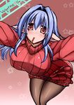  1girl ashling_(no-plan) blue_hair breasts female food highres kawasumi_(ashling) large_breasts leaning_forward long_hair mouth_hold original pantyhose pointy_ears red_eyes ribbed_sweater solo standing sweater turtleneck valentine 