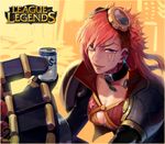  2gold blue_eyes breasts cleavage copyright_name drink earrings fangs goggles jewelry league_of_legends long_sleeves looking_at_viewer mechanical_arm mechanical_arms medium_breasts open_mouth pink_hair smile solo vi_(league_of_legends) 