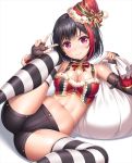  1girl arm_warmers armpits ass bang_dream! bangs bare_shoulders black_choker black_gloves black_hair black_shorts blush bow bowtie breasts buttons choker cleavage closed_mouth collarbone commentary_request crop_top earrings elbow_gloves eyebrows_visible_through_hair feet_out_of_frame fingerless_gloves glint gloves gold_trim hands_up hat holding holding_sack jewelry knee_up lace lace-trimmed_gloves lambda_(kusowarota) looking_at_viewer medium_breasts midriff mitake_ran multicolored_hair navel reclining red_eyes red_hair red_hat red_neckwear red_shirt sack santa_hat shadow shirt short_hair short_shorts shorts sidelocks simple_background sleeveless sleeveless_shirt smile solo star star_earrings stomach streaked_hair striped striped_legwear thighhighs thighs w white_background white_legwear 