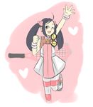  1girl ;) ahoge backpack bad_id bad_tumblr_id bag ball blue_eyes blush_stickers bow dress flat_chest hair_bow heart justice_gakuen karuizawa_momo long_hair moero!_justice_gakuen one_eye_closed pantyhose purple_hair red_seiryu smile solo striped_clothes striped_pantyhose tennis_ball twintails waving wristband 