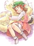  ^_^ animal_ears bloomers blush brown_hair cat_ears cat_tail chen closed_eyes commentary_request earrings hat jewelry multiple_tails nekotsuki short_hair smile solo tail tail_hug touhou underwear yakumo_ran 