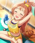  :d ^_^ armpits arms_behind_head barefoot blush bottle breasts cleavage closed_eyes clothes_writing crop_top crop_top_overhang full-face_blush idolmaster idolmaster_cinderella_girls indian_style long_hair medium_breasts midriff navel official_art open_mouth orange_hair plantar_flexion ponytail see-through shorts sitting smile solo star stopwatch stretch sweat towel very_long_hair wakabayashi_tomoka watch water_bottle wet wet_clothes wristband 