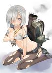  bad_id bad_pixiv_id blue_eyes blush breasts covering covering_breasts embarrassed gloves hair_ornament hair_over_one_eye hairclip hamakaze_(kantai_collection) kantai_collection large_breasts looking_at_viewer pantyhose ryunxryun silver_hair sitting solo torn_clothes torn_legwear wariza white_gloves 
