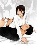  1boy 1girl bed_sheet bertholt_fubar bertolt_hoover black_hair black_shirt brown_hair eyes_closed freckles girl_on_top groping holding lying lying_on_person on_back open_mouth panties pillow shingeki_no_kyojin shirt short_hair smile tsuzuki_(flee_away) underwear white_panties white_shirt ymir_(shingeki_no_kyojin) 