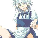  ahoge chara_rira cosplay danganronpa grey_eyes izayoi_sakuya izayoi_sakuya_(cosplay) komaeda_nagito maid_headdress male_focus necktie open_mouth otoko_no_ko puffy_sleeves short_hair simple_background skirt skirt_lift solo super_danganronpa_2 touhou white_hair 