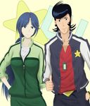  1girl aqusesu black_hair blue_hair commentary crossover dandy_(space_dandy) hands_in_pockets highres jacket letterman_jacket long_hair smile space_dandy star thumbs_up to_aru_majutsu_no_index track_jacket track_suit yomikawa_aiho 
