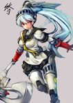  1girl android aqua_hair atlus axe hair_ornament highres labrys megami_tensei persona persona_4 persona_4:_the_ultimate_in_mayonaka_arena ponytail red_eyes school_uniform shin_megami_tensei skirt solo sowel_(sk3) weapon 