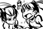  ;o bird breath cerebella_(skullgirls) eccma417 feng_(skullgirls) frown fume greyscale looking_at_viewer monochrome multiple_girls one_eye_closed page_number saliva shouting silhouette simple_background skullgirls sunglasses white_background 