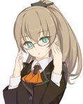  adjusting_eyewear bespectacled brown_hair glasses kantai_collection kumano_(kantai_collection) long_hair looking_at_viewer ponytail rokuwata_tomoe simple_background solo white_background 