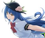  blue_hair food fruit hat hinanawi_tenshi long_hair looking_at_viewer orange_eyes peach rokuwata_tomoe simple_background smile solo touhou white_background yellow_eyes 